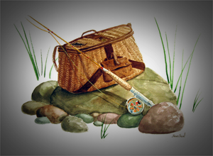 Fishing tackle with wicker basket kept on rock
